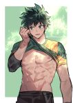  1boy abs absurdres boku_no_hero_academia border clothes_lift freckles green_background green_eyes green_hair highres male_focus midoriya_izuku misa_(jjin_miryeon) multiple_scars nipples open_mouth pectorals scar scar_on_arm scar_on_hand shirt_lift sweat toned toned_male twitter_username white_border 