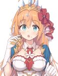  1girl :o ascot blue_eyes blush bow braid breasts candy candy_bar chami_(pixiv15867443) cleavage cleavage_cutout clothing_cutout commentary dress eating food food_on_face gloves hair_bow highres large_breasts long_hair looking_at_viewer open_mouth orange_hair pecorine_(princess_connect!) princess_connect! simple_background solo tiara upper_body white_background 