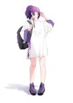  1girl ;| backpack bag bare_legs ear_piercing full_body highres idolmaster idolmaster_shiny_colors looking_afar messy_hair minorin oversized_clothes oversized_shirt piercing platform_footwear purple_eyes purple_footwear purple_hair shading_eyes shadow shirt simple_background solo tanaka_mamimi v-neck white_background white_shirt wide_sleeves 