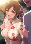  1boy 1girl :d areola_slip bangs blush breasts brown_hair cleavage collarbone commentary_request floral_print hair_ornament highres idolmaster idolmaster_cinderella_girls japanese_clothes kimono large_breasts long_hair long_sleeves mk_(mod0) open_mouth outdoors shirt smile solo_focus totoki_airi white_shirt yellow_eyes yellow_kimono 