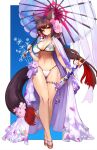  1girl animal_ear_fluff animal_ears bangs bikini black_hair blue_archive blush breasts cleavage flower fox_ears fox_tail hair_flower hair_ornament halo highres large_breasts long_hair looking_at_viewer navel notte official_alternate_costume shawl solo swimsuit tail thigh_strap wakamo_(blue_archive) wakamo_(swimsuit)_(blue_archive) yellow_eyes 