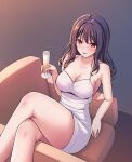  1girl alcohol arm_support armchair bang_dream! bangs bare_arms bare_shoulders black_hair blush breasts brown_background chair champagne champagne_flute cleavage collarbone commentary crossed_legs cup dress drinking_glass feet_out_of_frame from_above gradient gradient_background grey_background hair_between_eyes hand_up highres holding holding_cup large_breasts long_hair looking_at_viewer on_chair orange_eyes parted_lips ptal short_dress sidelocks sitting sleeveless sleeveless_dress smile solo spaghetti_strap ushigome_yuri wavy_hair white_dress 