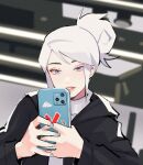 1girl black_hoodie blue_eyes blue_nails cellphone grey_sweater hair_behind_ear highres holding holding_phone hood hoodie hyoon_(sockgyu) jett_(valorant) parted_lips phone portrait smartphone solo sweater valorant white_hair 