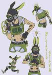  1boy apex_legends black_gloves black_headwear character_name clenched_hands cropped_vest fingerless_gloves gloves goggles grey_shorts grey_vest highres light_bulb looking_down male_focus multiple_views octane_(apex_legends) own_hands_together qiuuu rabbit_boy rabbit_tail shorts tail vest 