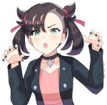  1girl :o black_choker black_hair black_jacket black_nails blush choker claw_pose dress gao green_eyes hair_ribbon hands_up highres jacket marnie_(pokemon) medium_hair open_mouth pendant_choker pink_dress pokemon pokemon_(game) pokemon_swsh red_ribbon ribbon simple_background solo spyg twintails two_side_up upper_body v-shaped_eyebrows white_background 