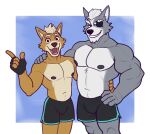  absurd_res anthro canid canine canis clothing duo fox fox_mccloud hi_res livingbread_(artist) looking_at_viewer male mammal muscular muscular_anthro muscular_male nintendo nipples pecs smile star_fox underwear video_games wolf wolf_o&#039;donnell 