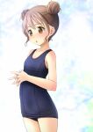  1girl bangs bare_arms bare_shoulders blue_swimsuit blurry blurry_background blush brown_eyes brown_hair commentary_request depth_of_field double_bun hair_bun highres interlocked_fingers looking_away old_school_swimsuit one-piece_swimsuit original parted_lips school_swimsuit shibacha solo swimsuit 
