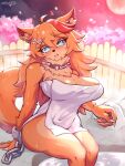  anthro bebatch big_breasts breasts canid canine chain collar cuff_(restraint) female fur hi_res mammal orange_body orange_fur restraints shackles sitting solo spiked_collar spikes towel towel_only water 