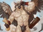  2022 4_fingers anthro avian bag beak black_beak crotch_tuft eyewear feathered_wings feathers fingers goggles gryphon hi_res male muscular muscular_male mythological_avian mythology nude solo taran_fiddler tuft wings 