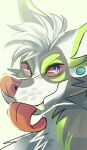  anthro blep blue_eyes bust_portrait canid cheek_tuft chest_tuft eyebrows facial_tuft fangs front_view fur glistening glistening_eyes green_body green_ears green_eyebrows green_fur green_teeth grey_body grey_fur hair looking_at_viewer male mammal portrait princelykaden red_nose red_sclera red_tongue simple_background solo tongue tongue_out tuft white_background white_body white_ears white_fur white_hair white_inner_ear 