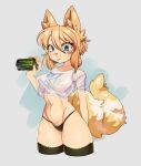  anthro breasts canid canine clothing existenc3 female fur hi_res legwear mammal monster_energy nipples panties shirt solo thigh_highs topwear translucent translucent_clothing translucent_shirt translucent_topwear underwear yellow_body yellow_fur 