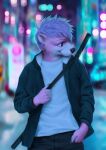  2022 5_fingers anthro black_nose blue_hair clothed clothing digital_media_(artwork) fingers fur hair hi_res lutrine male mammal mustelid pink_body pink_fur smile solo standing waynlag whiskers 