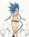  1boy abs blue_eyes blue_hair blush english_text epaulettes eyes_visible_through_hair galo_thymos highres jacket jacket_pull looking_at_viewer male_focus mealove1218 mohawk muscular muscular_male oversized_clothes parted_lips pectoral_cleavage pectorals promare sidecut spiked_hair topless_male 
