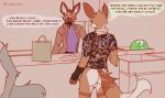  2022 african_wild_dog anthro backsack balls biped bottomless bottomless_anthro bottomless_male brown_body brown_fur butt canid canine canis cantio_(lawyerdog) clothed clothing coyote dialogue digital_media_(artwork) duo english_text female fur genitals lawyerdog male mammal multicolored_body multicolored_fur public public_nudity shopping shopping_bag speech_bubble tan_body tan_fur text white_body white_fur 