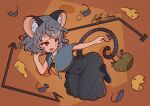  1girl absurdres animal_ears bangs basket black_footwear blue_capelet capelet cheese commentary crystal dowsing_rod dress flat_chest food full_body grey_dress grey_hair highres jewelry mouse mouse_ears mouse_girl mouse_tail nazrin open_mouth orange_background pendant red_eyes shoes short_hair signature smile solo tail touhou usagii_(nydk8775) 