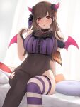  1girl asymmetrical_legwear bed_sheet black_bodysuit blush bodysuit brown_hair covered_navel crop_top cushion demon_horns demon_wings feet_out_of_frame highres horns idolmaster idolmaster_shiny_colors indoors long_hair looking_at_viewer n9at on_bed purple_shirt red_eyes shirt sitting skin_tight solo sonoda_chiyoko star_sticker sticker_on_face straight_hair striped striped_legwear thighhighs torn_bodysuit torn_clothes white_curtains wings 