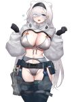  1girl 360_(taiyo360) absurdres animal_ears arknights aurora_(arknights) bangs bear_ears belt bikini black_gloves black_hairband blue_eyes blush breasts chaps commentary_request cowboy_shot fang front-tie_bikini front-tie_top gloves grey_bikini grin hair_over_one_eye hairband hands_up highres infection_monitor_(arknights) large_breasts lens_flare long_hair long_sleeves looking_at_viewer navel open_mouth partial_commentary pouch shrug_(clothing) simple_background skin_fang smile solo standing stomach swimsuit thighs very_long_hair white_background white_hair 