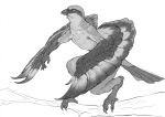  2022 4_toes 5_fingers anthro avian beak bird black_beak digital_media_(artwork) feathered_wings feathers feet fingers greysale male silgiriya_mantsugosi solo standing toes wings 