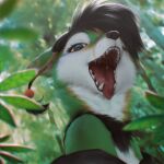  2022 anthro black_hair blue_eyes blurred_background breasts canid canine day detailed_background digital_media_(artwork) female forest fox fur green_body green_fur hair hi_res mammal open_mouth outside plant smile solo teeth tongue tree waynlag white_body white_fur 