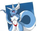  anthro bikini blue_body blue_skin breasts clothing female head_wings horn long_tail nintendo nipple_slip nipples pok&eacute;mon poraka7 reptile scalie sling_bikini snake solo swimwear video_games white_body white_skin wings 