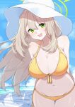  1girl absurdres bikini blue_archive blue_sky cloud day eau green_eyes halo hat highres long_hair looking_at_viewer navel nonomi_(blue_archive) open_mouth sky smile solo swimsuit take_mawile white_headwear yellow_bikini 