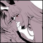  2girls after_kiss animal_ears black_eyes face-to-face fate/grand_order fate_(series) gloves hands_on_another&#039;s_cheeks hands_on_another&#039;s_face limited_palette looking_at_another multiple_girls open_mouth profile rabbit_ears red_eyes riyo_servant_(babydoll)_(fate) riyo_servant_(bunnygirl)_(fate) saliva saliva_trail tearing_up tongue tongue_out translation_request upper_body white_background yukataro yuri 