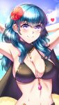  1girl anisdrawn arms_up bangs bare_shoulders bikini black_bikini blue_eyes blue_hair blue_sky blush breasts byleth_(fire_emblem) byleth_(fire_emblem)_(female) cloud day fire_emblem fire_emblem:_three_houses fire_emblem_heroes flower hair_flower hair_ornament heart hibiscus highres large_breasts long_hair looking_at_viewer navel outdoors red_flower sky smile solo sparkle spoken_heart stomach swimsuit upper_body 