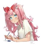  1girl absurdres agnes_digital_(umamusume) animal_ears artist_logo artist_name bags_under_eyes bandaid bandaid_on_face bangs blue_eyes bow cropped_torso eraser hair_bow highres holding holding_pencil horse_ears long_hair looking_at_viewer mechanical_pencil messy_hair open_mouth pencil pink_hair shirt short_sleeves simple_background solo sweat sweating_profusely t-shirt textless_version trembling two_side_up umamusume upper_body white_background white_shirt yanyo_(ogino_atsuki) 