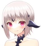  1girl au_ra blush closed_mouth collarbone dragon_horns final_fantasy final_fantasy_xiv grey_hair horns looking_at_viewer minatsuki_alumi nude red_eyes scales simple_background smile solo upper_body white_background 