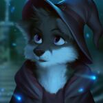  2022 anthro black_ose blurred_background brown_body brown_fur canid canine clothed clothing detailed_background digital_media_(artwork) fox fur hair hi_res male mammal night outside purple_eyes waynlag whiskers white_body white_fur 