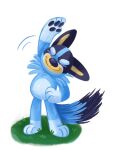  anthro black_body black_fur blue_body blue_fur bluey_(series) bluey_heeler canid canine canis clothing domestic_dog eyes_closed fluffy fur gloves hand_on_hip handwear hi_res leg_markings male mammal markings motion_lines pawpads rose-i-guess socks_(marking) solo stretching 