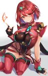  1girl arm_support bangs black_gloves bodysuit breasts chest_jewel closed_mouth eel_mizue fingerless_gloves fire gloves hair_between_eyes heart highres large_breasts leaning_to_the_side looking_at_viewer pyra_(xenoblade) red_armor red_eyes red_hair red_legwear red_nails red_shorts short_hair short_shorts shorts simple_background sitting smile solo swept_bangs thighhighs tiara xenoblade_chronicles_(series) xenoblade_chronicles_2 yokozuwari 