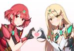  2girls absurdres backon bangs black_gloves blonde_hair breasts chest_jewel cleavage cleavage_cutout clothing_cutout dress earrings fingerless_gloves gloves highres jewelry large_breasts long_hair multiple_girls mythra_(xenoblade) pyra_(xenoblade) red_eyes red_hair short_dress short_hair swept_bangs tiara very_long_hair white_dress xenoblade_chronicles_(series) xenoblade_chronicles_2 yellow_eyes 