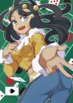  1girl 34_(sanjushi) ass black_hair blue_eyes breasts dahlia_(pokemon) dark-skinned_female dark_skin denim jeans long_hair long_sleeves midriff one-hour_drawing_challenge ornament pants pokemon pokemon_(game) pokemon_dppt pokemon_platinum ribbed_shirt shirt solo yellow_shirt 