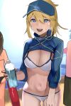  1girl absurdres ahoge artoria_pendragon_(fate) basaru_1106 baseball_cap bikini blonde_hair blue_eyes blue_headwear blue_jacket blush bottle breasts cleavage cropped_jacket fate/grand_order fate_(series) hair_between_eyes hair_through_headwear hat highres jacket large_breasts long_hair long_sleeves looking_at_viewer mysterious_heroine_xx_(fate) navel open_mouth ponytail shrug_(clothing) sidelocks smile solo stomach sweat sweatdrop swimsuit thighs white_bikini 