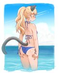  1girl abare_megane animal_ears ass bikini blonde_hair blue_bikini border cat_ears cat_tail contrapposto from_behind glasses hands_on_own_thighs highres long_hair looking_back perrine_h._clostermann side-tie_bikini solo strike_witches swimsuit symbol-only_commentary tail tan tanlines wading water white_border world_witches_series yellow_eyes 