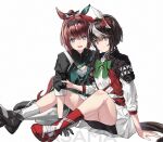  2girls animal_ears artist_name asama_(drift_in) asymmetrical_footwear bangs belt black_coat black_gloves black_hair black_skirt boots bow bowtie bright_pupils brown_hair closed_mouth coat ear_covers gloves green_bow green_bowtie green_eyes hairband highres horse_ears horse_girl horse_tail long_sleeves looking_at_viewer loves_only_you_(racehorse) marche_lorraine_(racehorse) medium_hair mismatched_footwear multicolored_hair multiple_girls open_mouth original personification ponytail purple_eyes shoes simple_background single_boot sitting skirt smile streaked_hair tail umamusume watermark white_background white_coat white_pupils white_socks 