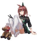  1girl absurdres animal_ears arm_support asama_(drift_in) bangs black_coat black_gloves brown_hair closed_mouth coat full_body gloves hairband highres horse_ears horse_girl horse_tail knees_up long_sleeves looking_at_viewer loves_only_you_(racehorse) medium_hair no_shoes original personification ponytail simple_background single_glove sitting smile solo stuffed_animal stuffed_horse stuffed_toy tail umamusume v white_background white_thighhighs 