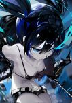  1girl belt bikini black_bikini black_hair black_rock_shooter black_rock_shooter_(character) blue_eyes breasts dleung flaming_eye front-tie_bikini front-tie_top highres hood hoodie jacket jacket_partially_removed long_hair midriff navel scar shorts small_breasts swimsuit sword twintails weapon 