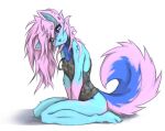  anthro blue_body blue_eyes breasts canid canine canis cheek_tuft clothing digital_media_(artwork) domestic_dog facial_tuft female fur hair hi_res kneeling long_hair looking_at_viewer mammal pink_hair simple_background solo spitz tinygaypirate tuft 