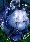  1girl :o blue_horns blue_skin bubble colored_skin full_body green_eyes hair_between_eyes high_collar highres horizontal_pupils horns kneeling long_sleeves looking_at_viewer monster_girl original ruu_bot seaweed short_hair shorts skin-covered_horns solo suction_cups tail tentacles underwater white_hair 