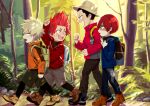  4boys age_regression backpack bag bakugou_katsuki bangs black_hair blonde_hair blue_eyes blush boku_no_hero_academia burn_scar fezo forest hat highres hiking kirishima_eijirou looking_at_another male_child male_focus multicolored_hair multiple_boys nature open_mouth pants red_eyes red_hair scar scar_on_face sharp_teeth shaved_head short_hair smile spiked_hair split-color_hair teeth todoroki_shouto two-tone_hair white_hair yoarashi_inasa younger 