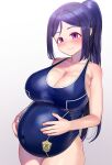  blue_hair blush breasts cleavage egao_(sikorsky) hands_on_stomach high_ponytail large_breasts long_hair love_live! love_live!_sunshine!! matsuura_kanan ponytail pregnant purple_eyes school_swimsuit sidelocks smile swimsuit 