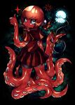  1girl black_background black_sclera colored_sclera colored_skin full_body holding holding_leash horizontal_pupils jellyfish leash looking_at_viewer looking_back monster_girl o3o original pleated_skirt red_hair red_sailor_collar red_serafuku red_skin red_skirt sailor_collar school_uniform scylla senmu_(0107) serafuku short_hair short_ponytail short_sleeves skirt solo suction_cups tentacles thumbs_up white_eyes 