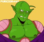  alien antennae_(anatomy) blush clenched_teeth dragon_ball frown green_body humanoid_pointy_ears male muscular namekian nipples pecs piccolo purico solo teeth 