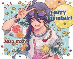  1boy 6tanso6 ;d alternate_costume alternate_hairstyle arisugawa_dice bangs blue_hair bracelet braid drink drinking_straw eyewear_on_head fang hair_ornament happy_birthday holding holding_drink hypnosis_mic jewelry one_eye_closed open_mouth purple_eyes shirt single_braid smile v white_shirt 