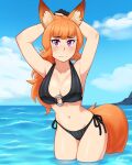  1girl animal_ear_fluff animal_ears armpits arms_behind_head arms_up artist_name bangs bare_arms bikini black_bikini blue_sky blush breasts cleavage cloud collarbone commentary commission cowboy_shot day english_commentary fox_ears fox_girl fox_tail freckles highres large_breasts long_hair looking_at_viewer navel o-ring o-ring_bikini orange_hair original outdoors ponytail purple_eyes rob_ishi side-tie_bikini sky solo stomach swimsuit tail wading water wavy_mouth 