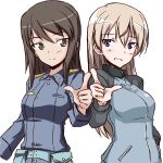  2girls asagi501 belt_pouch blonde_hair brown_hair cosplay cowboy_shot eila_ilmatar_juutilainen eila_ilmatar_juutilainen_(cosplay) girls_und_panzer hair_between_eyes hand_in_pocket highres keizoku_military_uniform long_hair looking_at_viewer mika_(girls_und_panzer) mika_(girls_und_panzer)_(cosplay) military military_uniform multiple_girls pouch purple_eyes smile smirk strike_witches uniform white_background world_witches_series 