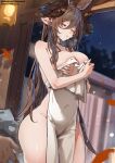  1girl animal_ears bangs breast_hold breasts brown_hair cleavage closed_eyes collarbone extra_ears galleon_(granblue_fantasy) granblue_fantasy highres horns lantern large_breasts long_hair multicolored_hair naked_towel onsen paper_lantern parted_lips pointy_ears simao_(x_x36131422) solo_focus streaked_hair swept_bangs thighs towel 