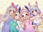  4girls absurdly_long_hair absurdres ahoge animal_ears aqua_nails bangs bangs_pinned_back bird_girl black_eyeshadow black_nails blonde_hair blue_hair blush bob_cut bow braid breasts cleavage closed_mouth dress enna_alouette ethyria extra_ears eyeshadow flower fox_ears fox_girl fox_tail gradient gradient_background green_dress green_eyes green_headband grey_hair hair_bow hair_flower hair_ornament hairclip hand_on_another&#039;s_waist head_wings headband highres holding_hands jacket long_hair long_sleeves looking_at_viewer makeup matching_outfit mature_female medium_breasts medium_hair midriff millie_parfait mole mole_under_eye multicolored_hair multiple_girls nail_polish nijisanji nijisanji_en nina_kosaka official_alternate_costume one_eye_closed open_mouth outstretched_arm pink_background pink_dress pink_headband purple_bow purple_dress purple_eyes purple_eyeshadow purple_headband purple_wings red_eyes red_headband reimu_endou shierypop shirt short_eyebrows short_hair shorts side_braid signature sleeveless small_breasts smile striped striped_dress tail tank_top teeth tongue tongue_out twin_braids very_long_hair virtual_youtuber white_flower white_shirt white_tank_top wings yellow_background yellow_jacket yellow_shorts 